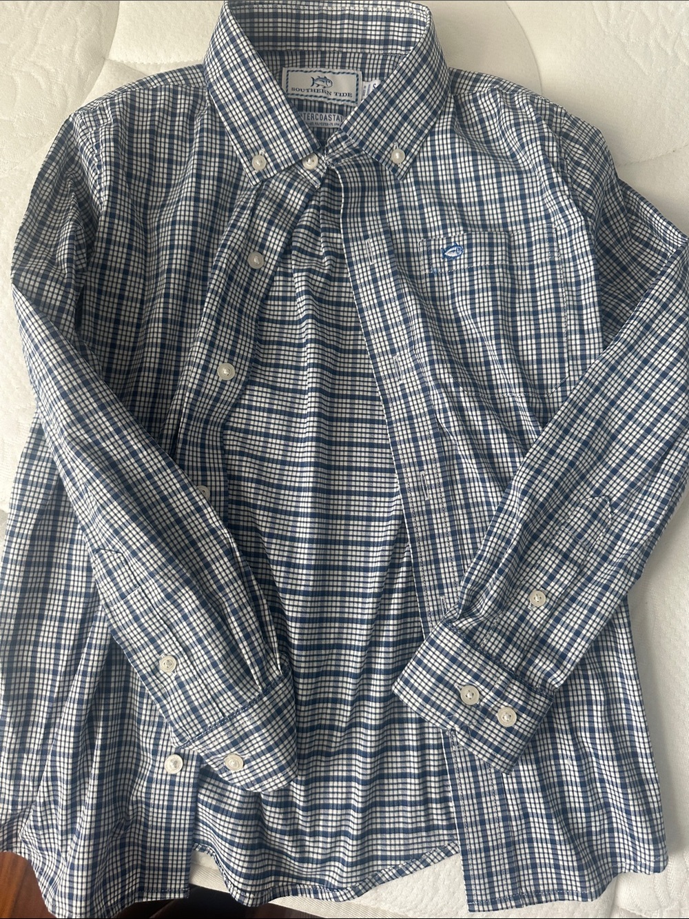 Southern Tide boys Navy and White Plaid Button-Down Shirt